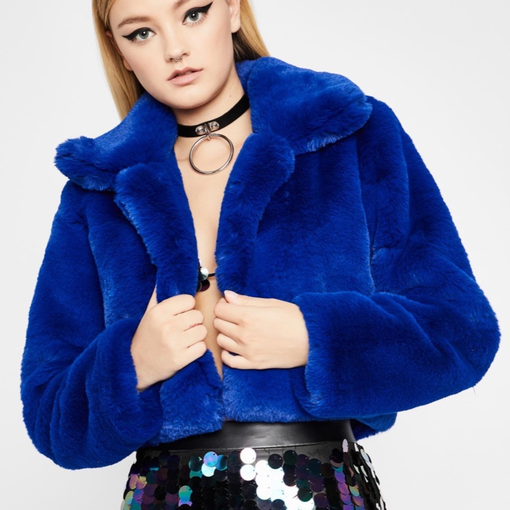 Royal blue faux fur cropped jacket